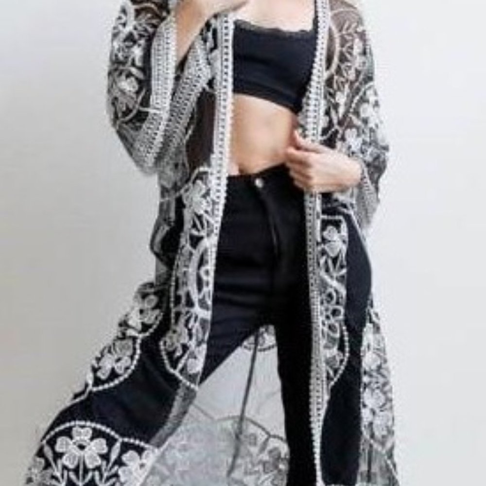 New with Tags- Contrast Embroidered Kimono